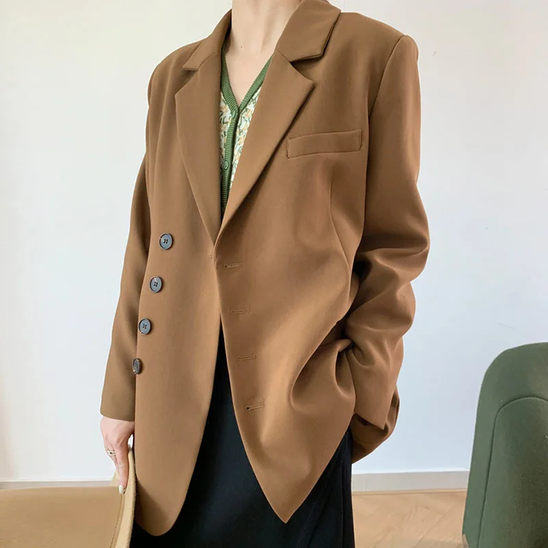 Solid Elegant Blazer Women Chic Single Breasted Office Lady Outerwear Female Spring Autumn Loose-fit Casual Wild Suit Jackets