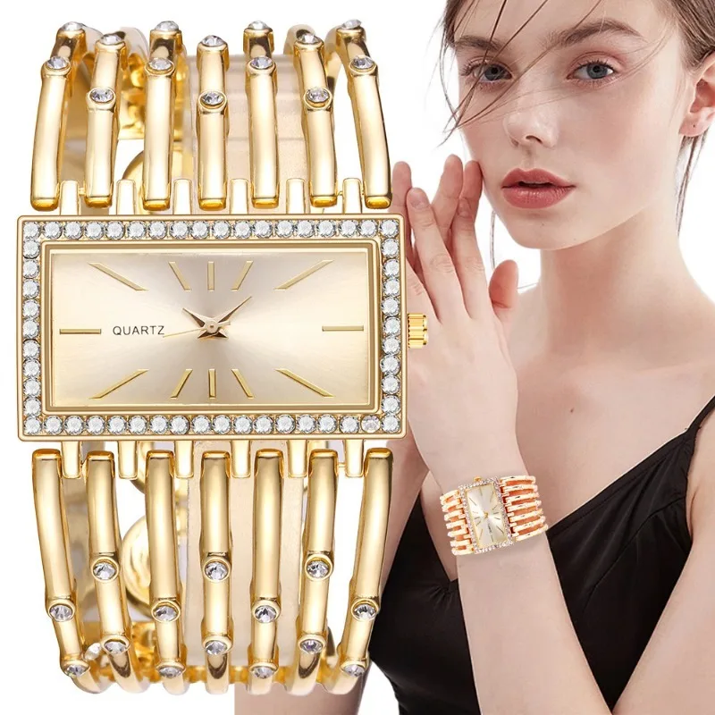 

Luxury Qualities Women's Fashion Diamond Rectangle Watches Gold Alloy Bracelet Wristwatches Simple Ladies Quartz Clock Gift