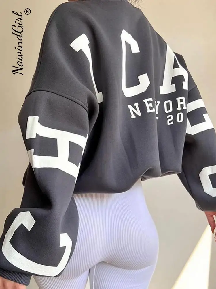 

Women's Casual Sweatshirt Print Letters Fleece Long Sleeve Female Top Pullover 2023 Autumn Loose Streetwear Ladies Sweatshirts