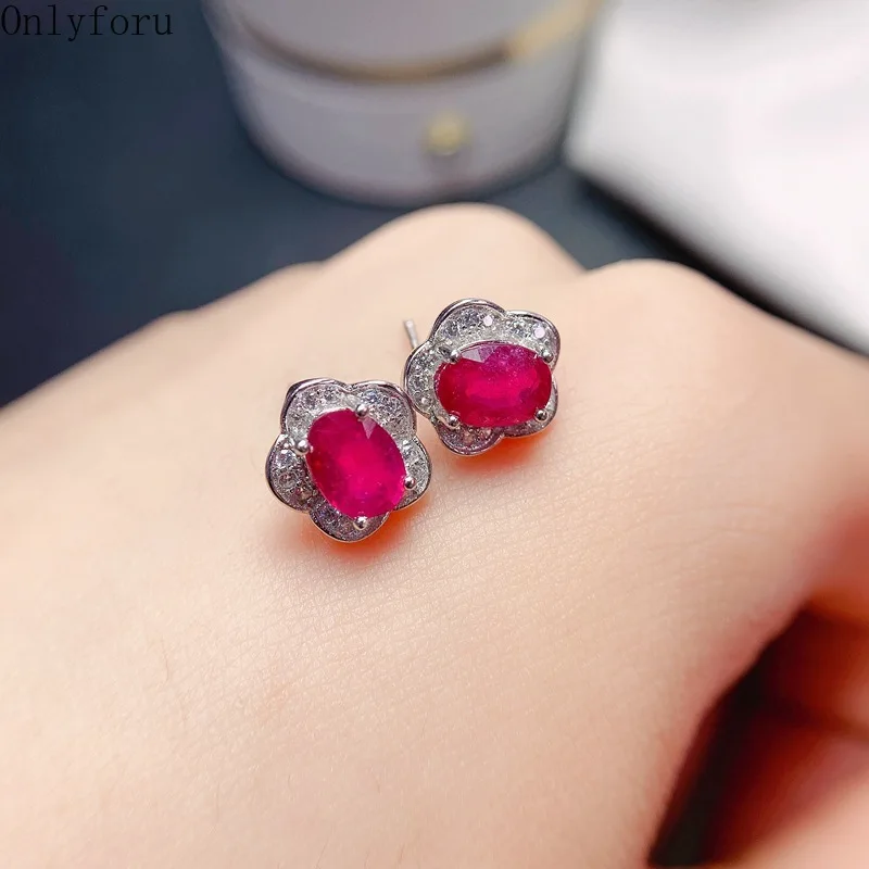 

Real 925 Sterling Silver with Natural 5X7mm Oval Ruby Gemstone for Women Classic Elegant Design Earring Studs Jewelry