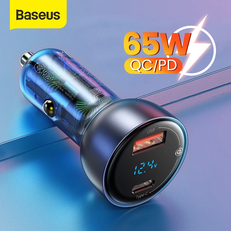 Baseus USB Car Charger 65W PD Fast Charger Charging Quick Charge 4.0 QC 3.0 Type C Charger For iPhone 12 Xiaomi Samsung MacBook