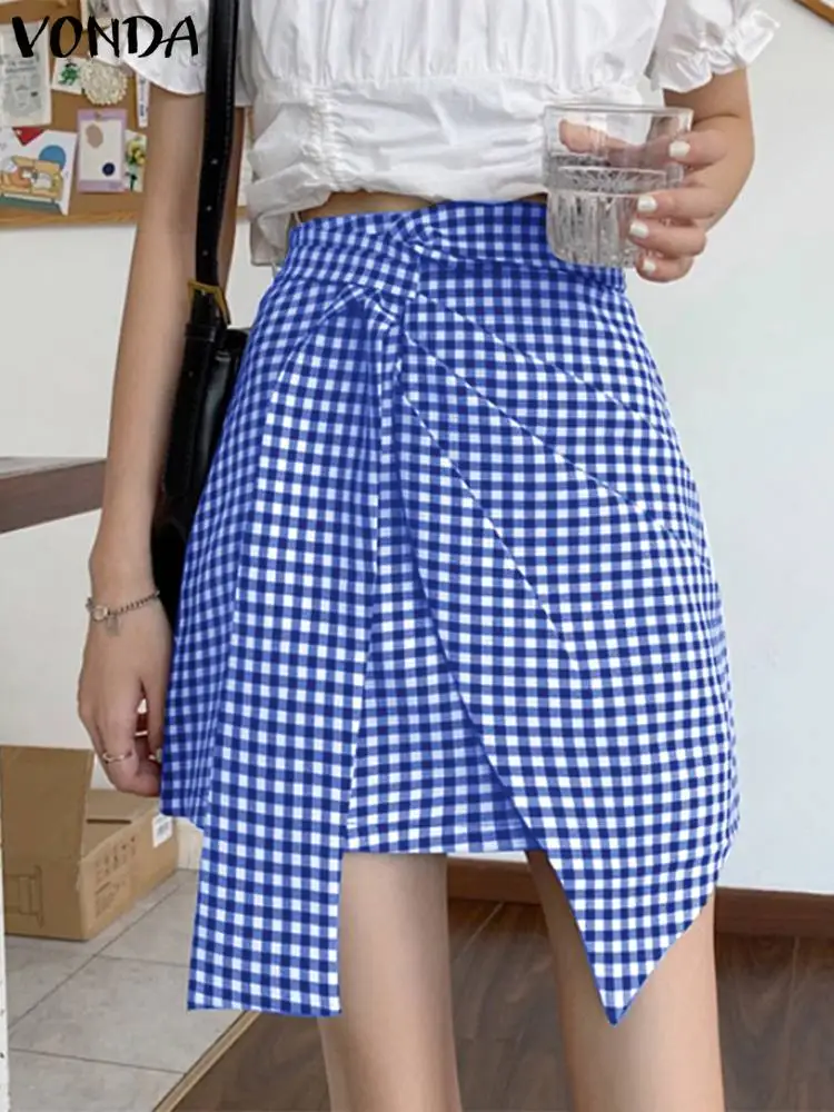 

VONDA Casual Stylish Femme Clothing Street Jupe Hip Skirt Women High Waist Grid Faldas Saia Party Plaid Mini Skirts Oversized