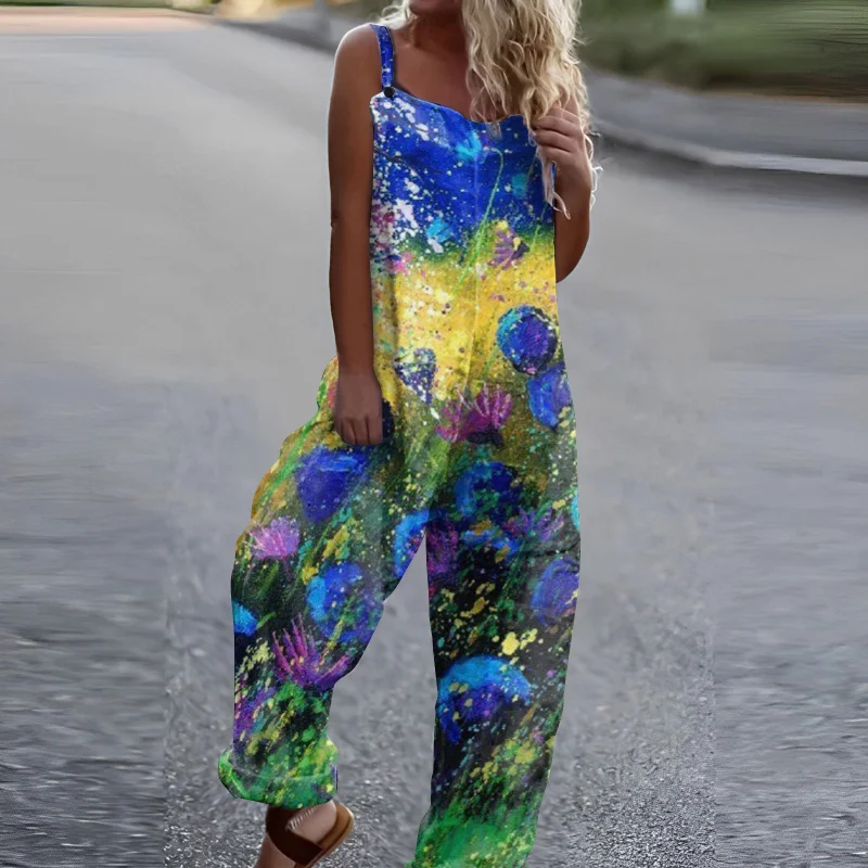 Women Boho Jumpsuit Elegance Jumpsuit Summer Loose Casual Print Retro Strappy Long Jumpsuit Summer New Jump Suits for Women