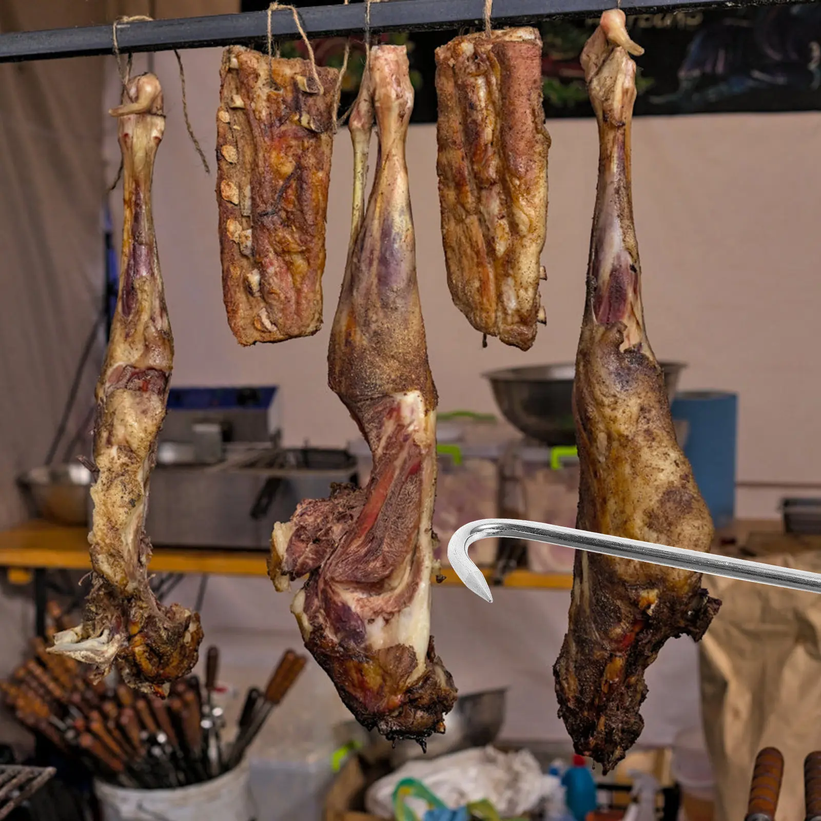 Фото Крюк для мяса из нержавеющей стали с Т-образной ручкой, эргономичный, для гриля, разделки, подвешивания, подъема говядины, баранины, для пикников и барбекю №4