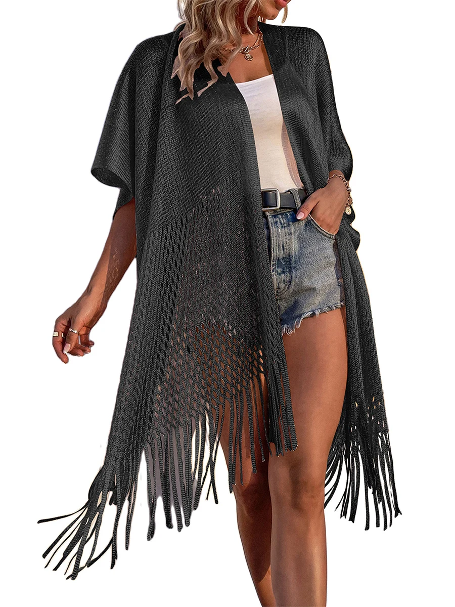 

Women s Beach Cover Ups V-Neck Half Sleeve Tassels Hem Swimwear Bikini Long Cover-Ups