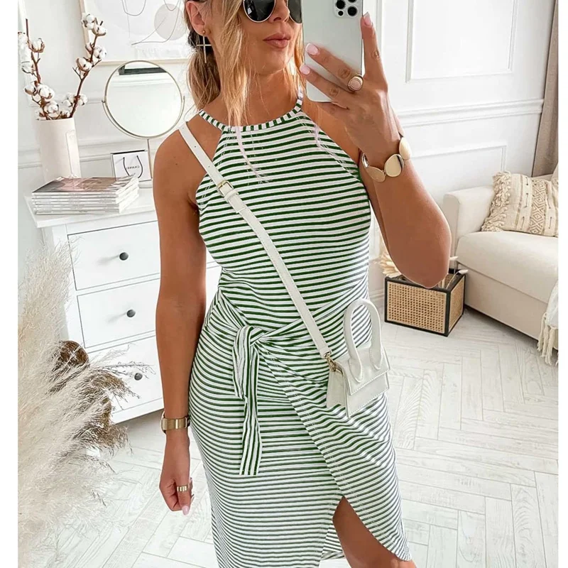 

Women Stripes Pattern Mid Dress Summer Casual Fashion Clothing Ladies Tie-Up Waist Sleeveless Slim Fit Split Vestidos Clubwear