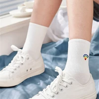 4 pcs2pairslot white women casual long socks japanese style harajuku cute rainbow embroidery sports breathable sock size 36 42