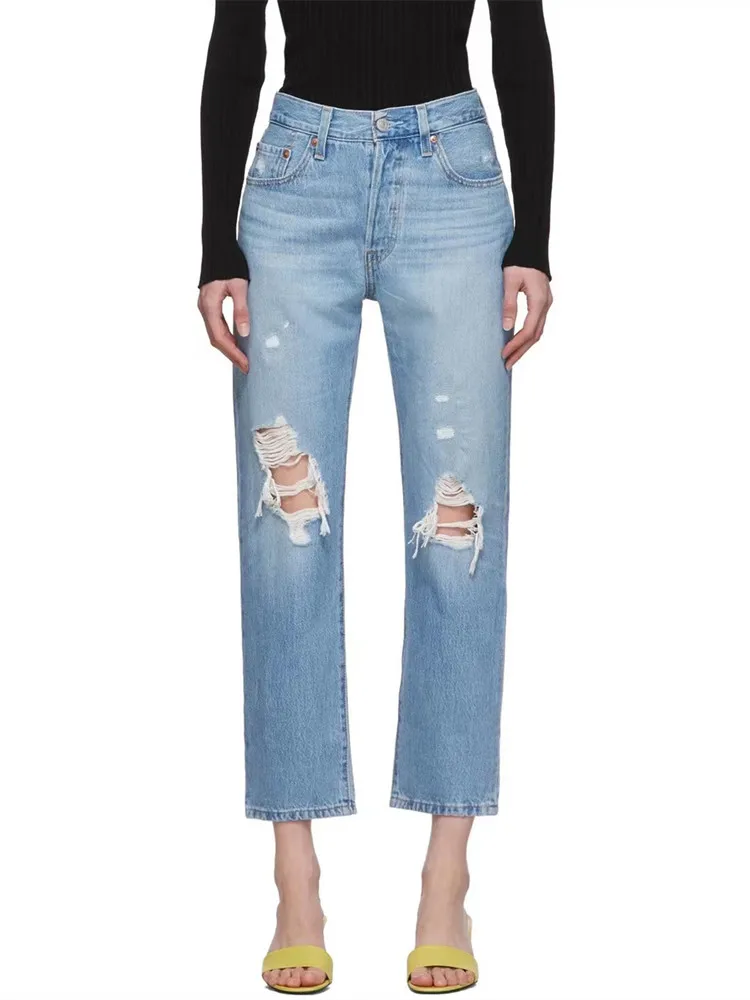 100% Cotton Hole Ripped Design Women Jeans 2022 Spring Summer Straight Ladies High Waist Casual Denim Trousers