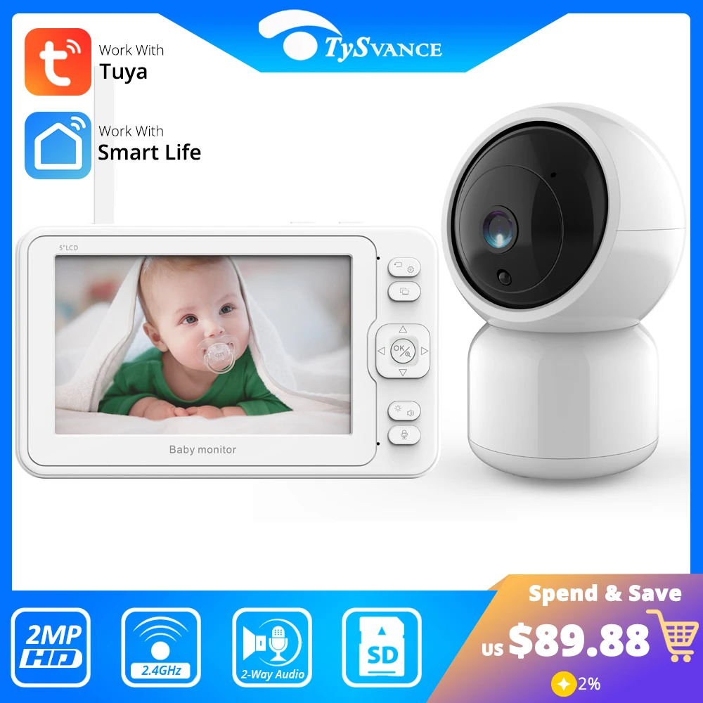 

5Inch Tuya Video Baby Monitor Pan Tilt 2MP Camera 2.4G Wireless 2-Way Audio Night Vision Surveillance Security Smart Camera
