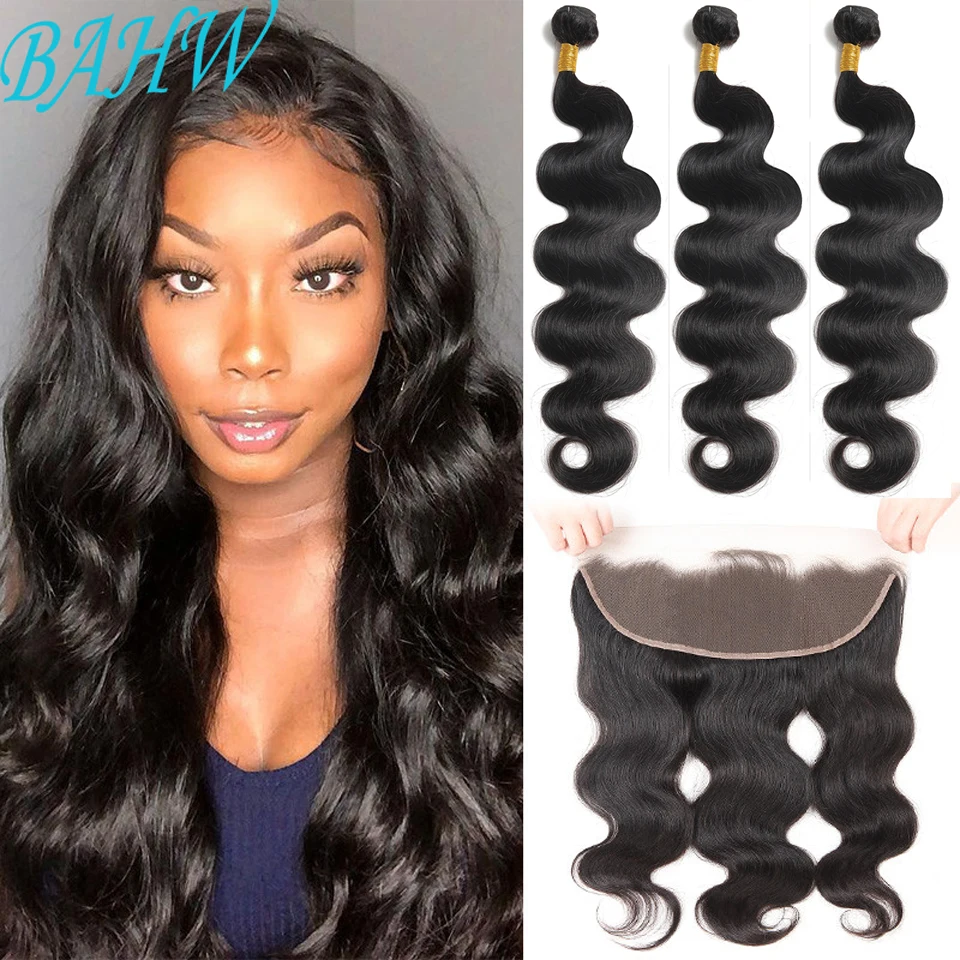 BAHW Body Wave Bundles With Frontal 100% Brazilian Hair 100% Human Hair Bundles With 13X4 Lace Frontal For Black Women 30 Inch
