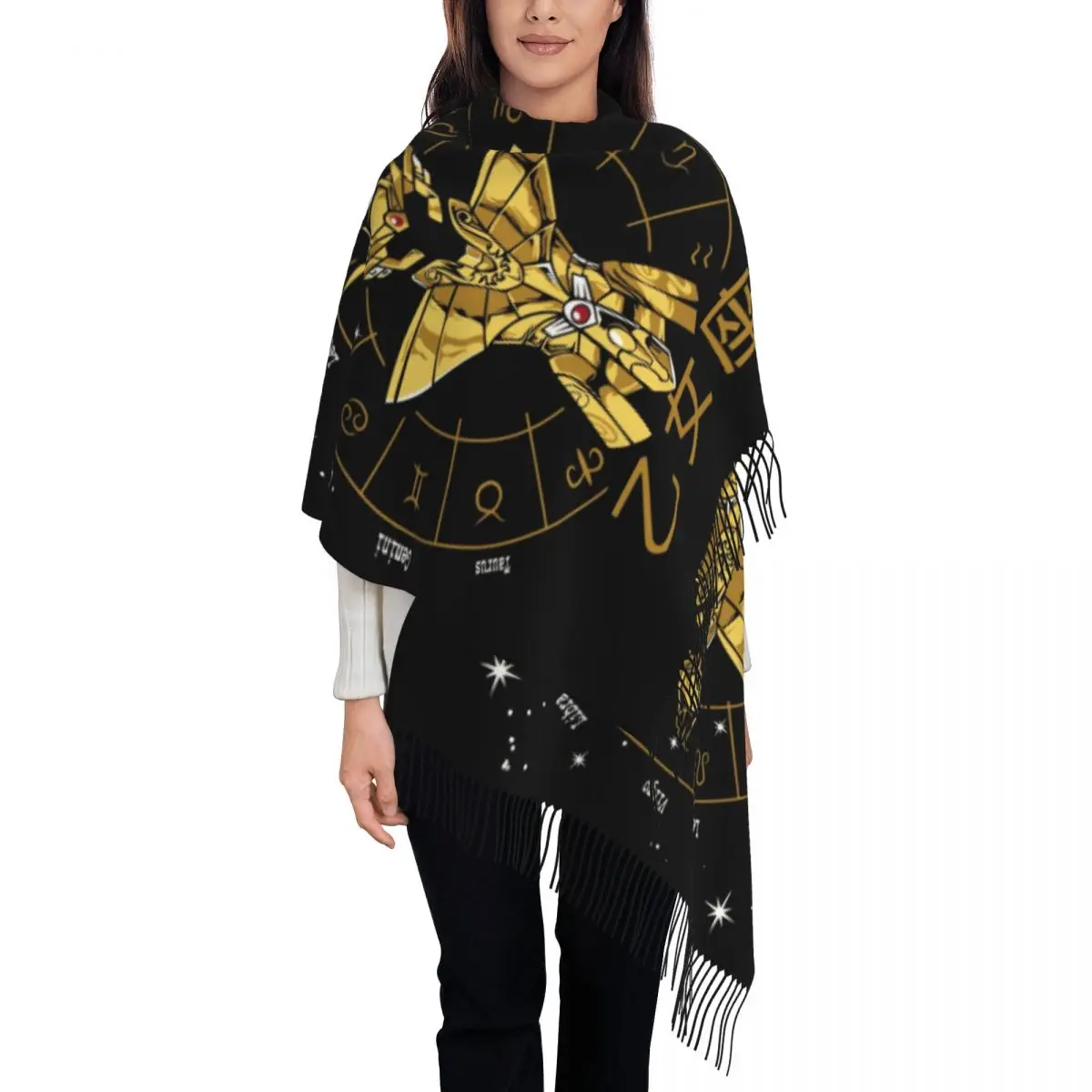Женский Длинный шарф Saint Seiya золотистый теплый с кисточками осенне-зимний сезон