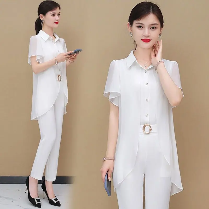 Short sleeved fashion suit ladies chiffon shirt 2023 summer new loose top casual sports single/suit