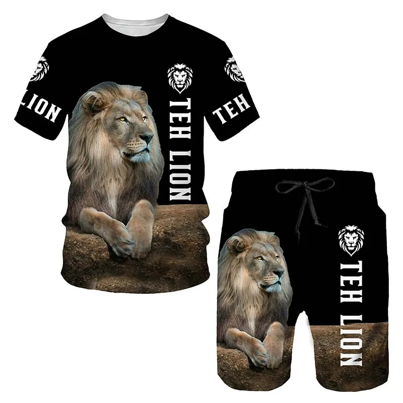Summer Men T-shirt Set Tracksuit Cool Lion 3D Printed Short Sleeve Pants 2 Piece Casual Suit Sportswear Fashion Men's Clothing