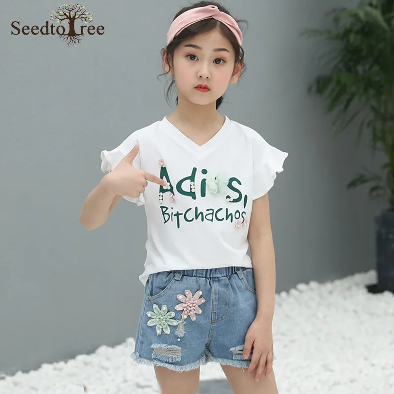 

Summer Children's Sets Girls Letter Print Short Sleeve T-Shirt Elastic Waist Denim Shorts 110-160cm KidsTwo-Piece Suit