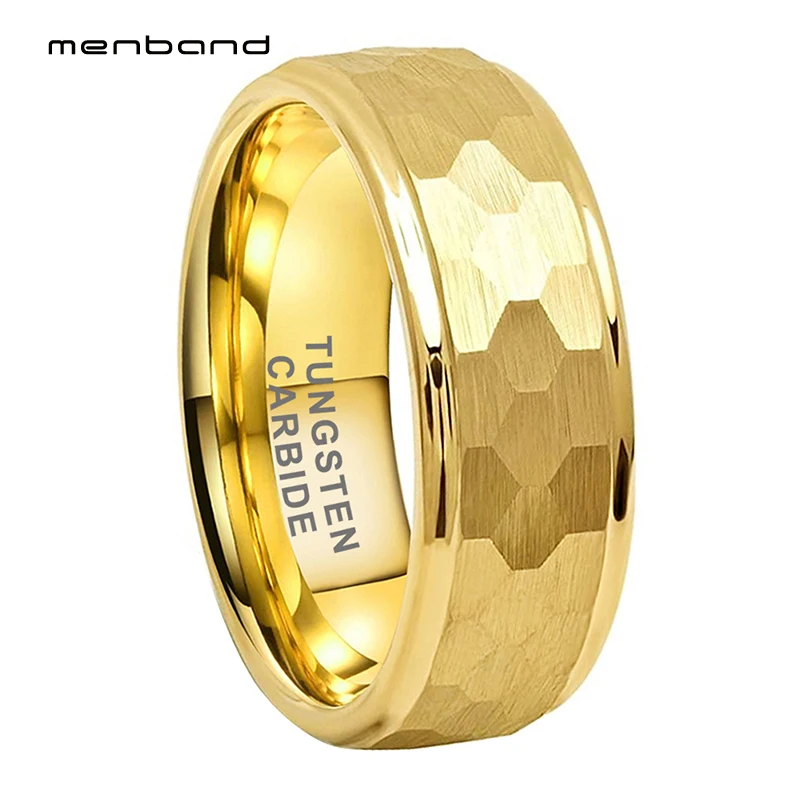 

8MM 6MM Gold Tungsten wedding Band For Men Women Engagement Ring Stepped Edges Multifaceted Hammered Brushed Finish Comfort Fit