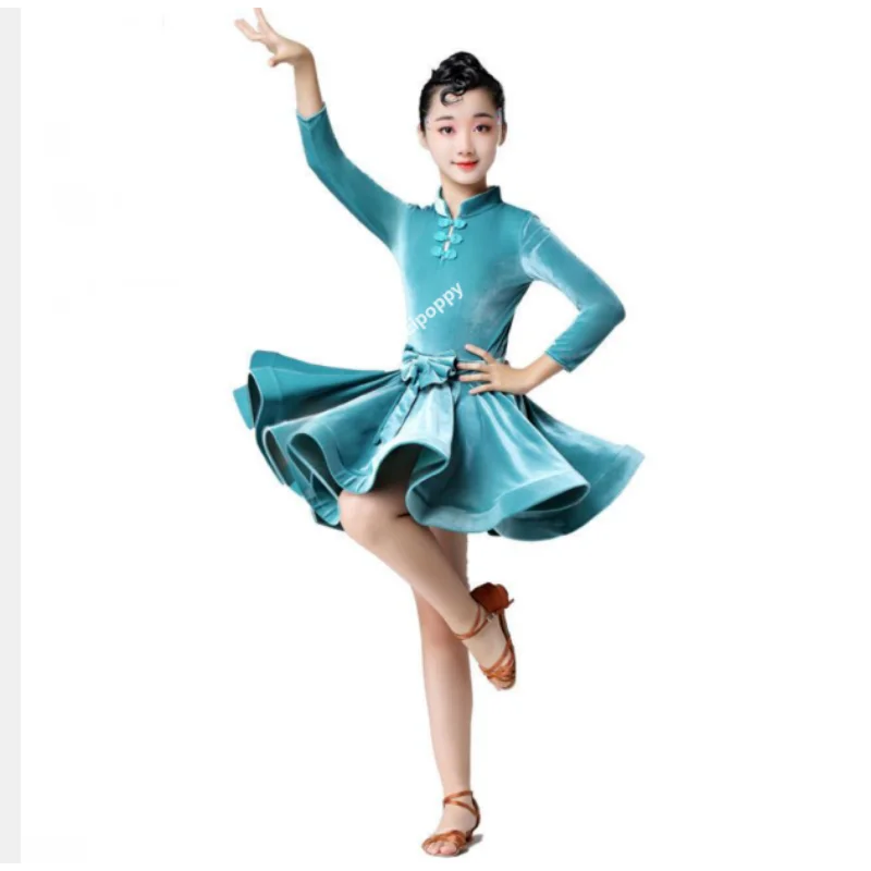 Платье детское вельветовое с длинным рукавом для латиноамериканских танцев