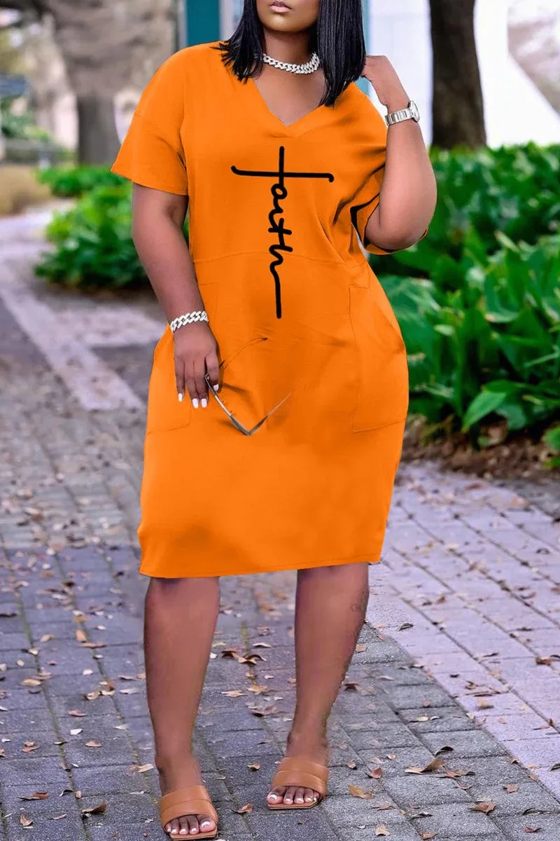 

Letter Print Dresses Fashion Casual Mid-length Dress Women Clothing Pocket Long Sleeve Top V-Neck Loose Dress