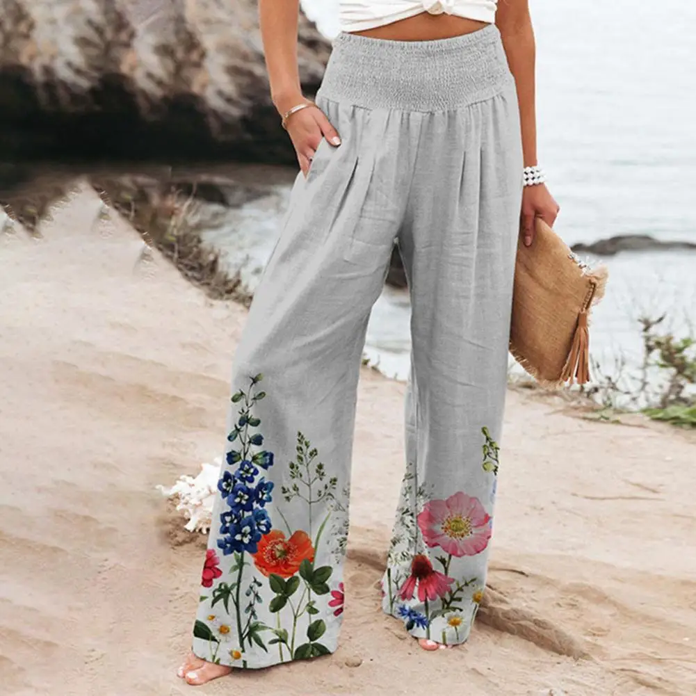 

High Waist Butterflies Printing Vivid Floral Print Stretchy Waist Summer Pants Garment