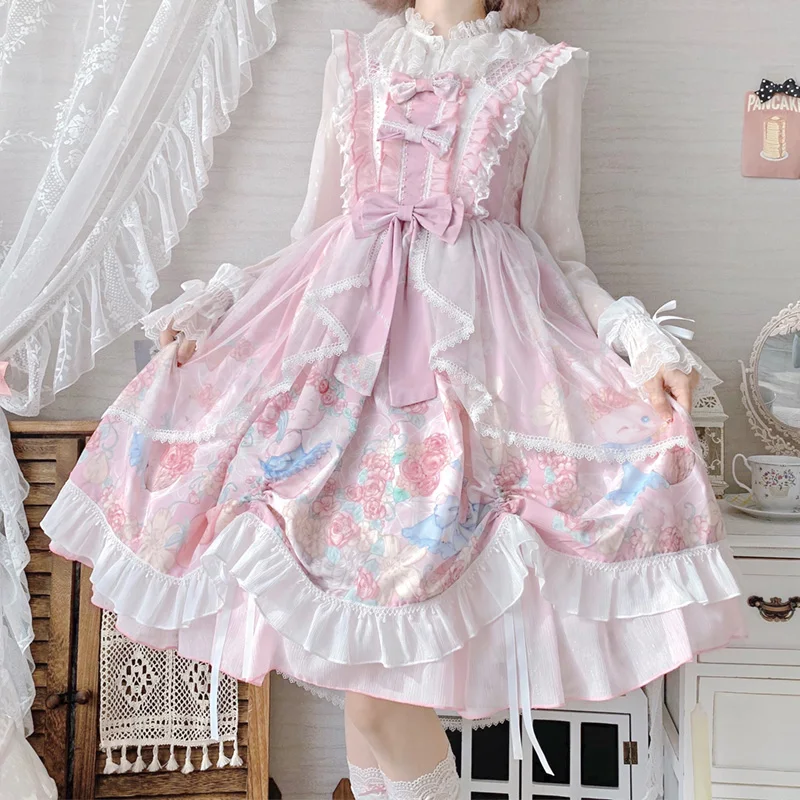 Женское платье без рукавов розовое миди на бретелях с бантом и принтом кролика