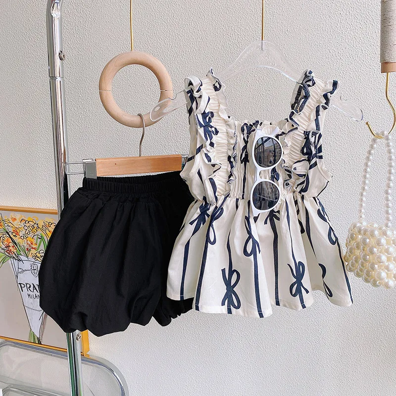 

2023 New Summer Child Clothes Sets Sleeveless Ruffles Striped Black Skirts Cute 2 Piece Sets Designer Girls Clothes Sets 4-7T