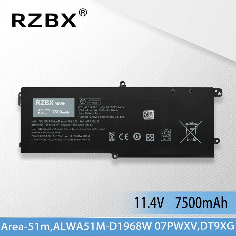 

RZBX DT9XG 0KJYFY 07PWXV Laptop Battery For Dell Area-51m R1 R2 ALWA51M-D1766PB/PW D1748DW/DB D1746B D1766B D1741DB D1969PW 90Wh