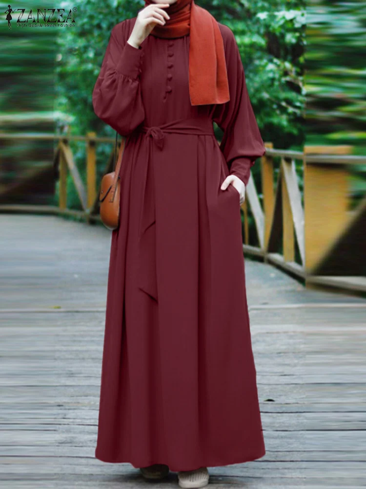 

Elegant Women Long Sleeve Solid Maxi Dress ZANZEA Vintage Marocain Ramadan Sundress Kaftan Robe Femme Muslim Abaya Hijab Dress