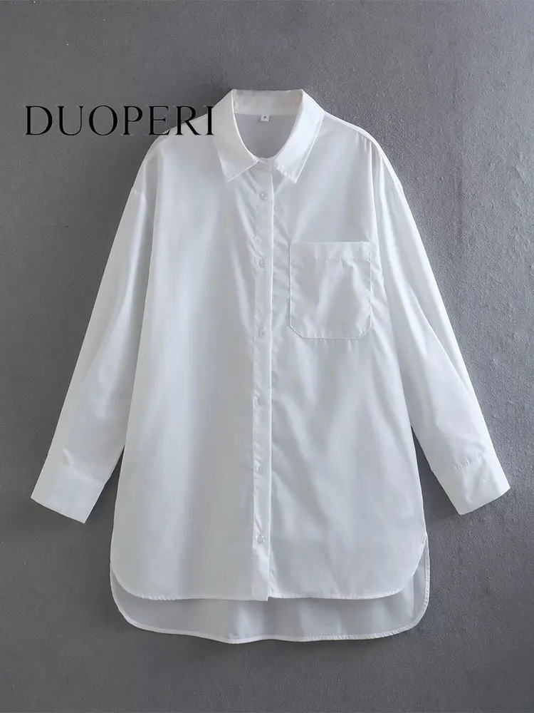 

DUOPERI Women Fashion With Pocket White Single Breasted Blouse Vintage Lapel Neck Long Sleeves Female Chic Lady Shirts