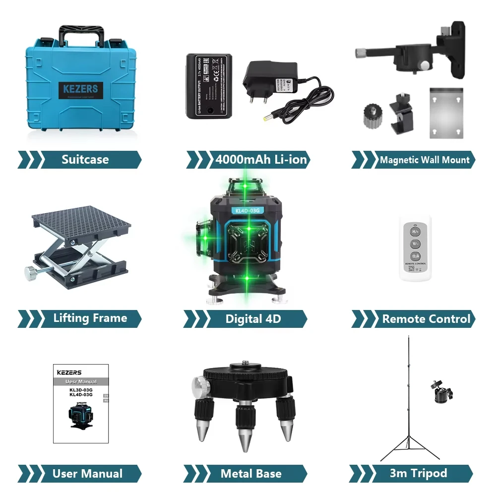 KEZERS KL4D-03G Зеленый лазерный уровень 16 линий 4D 360