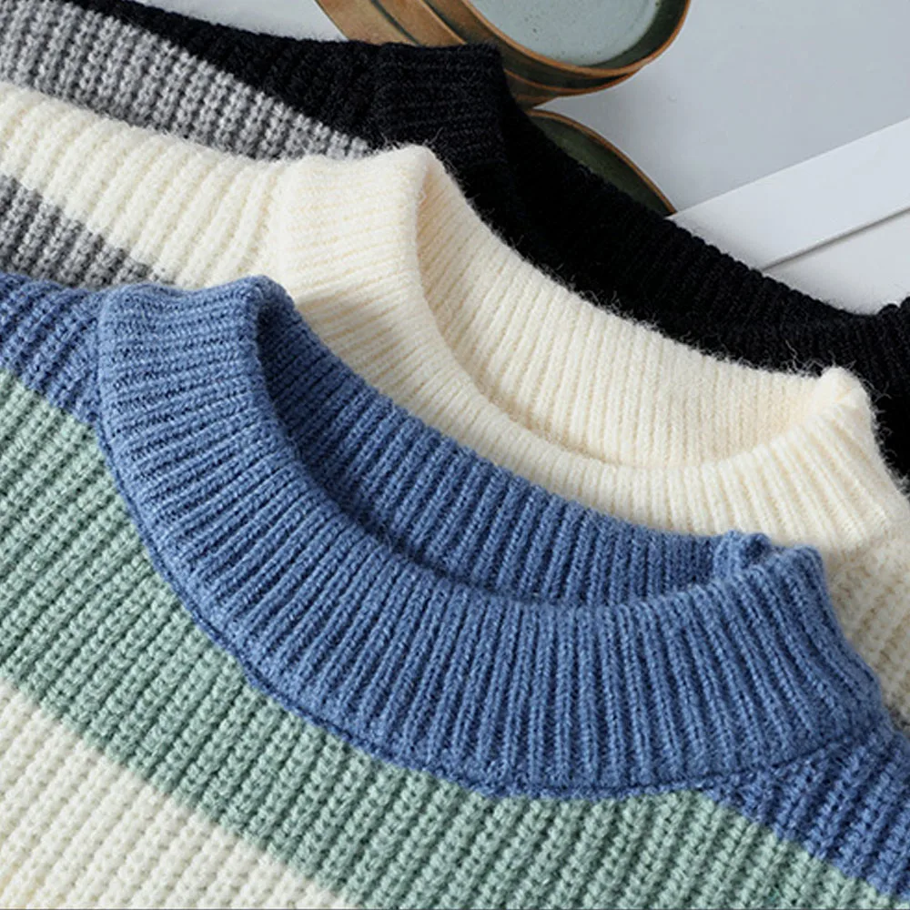 Мужской свитер в полоску Y2K синий вязаный пуловер оверсайз корейский