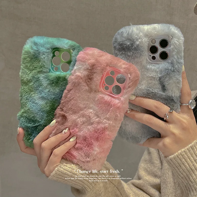 

Rainbow Fashion Gradient Plush Phone Case for Iphone 12 Pro Max MiNi 11 XR X XS 7 8 Plus SE 20 Soft Silicone All Inclusive Cover