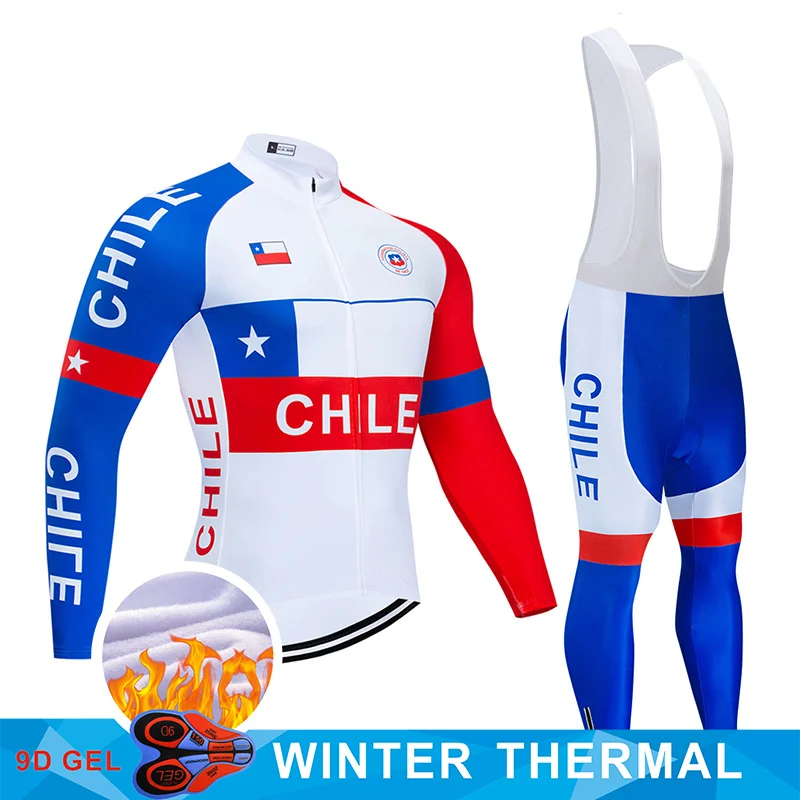 2022 New 2022 Team CHILE Cycling Jersey 9D Bib Set MTB Uniform Bike Clothing Men‘s Winter Thermal Fleece Bicycle Clothes Cyclin