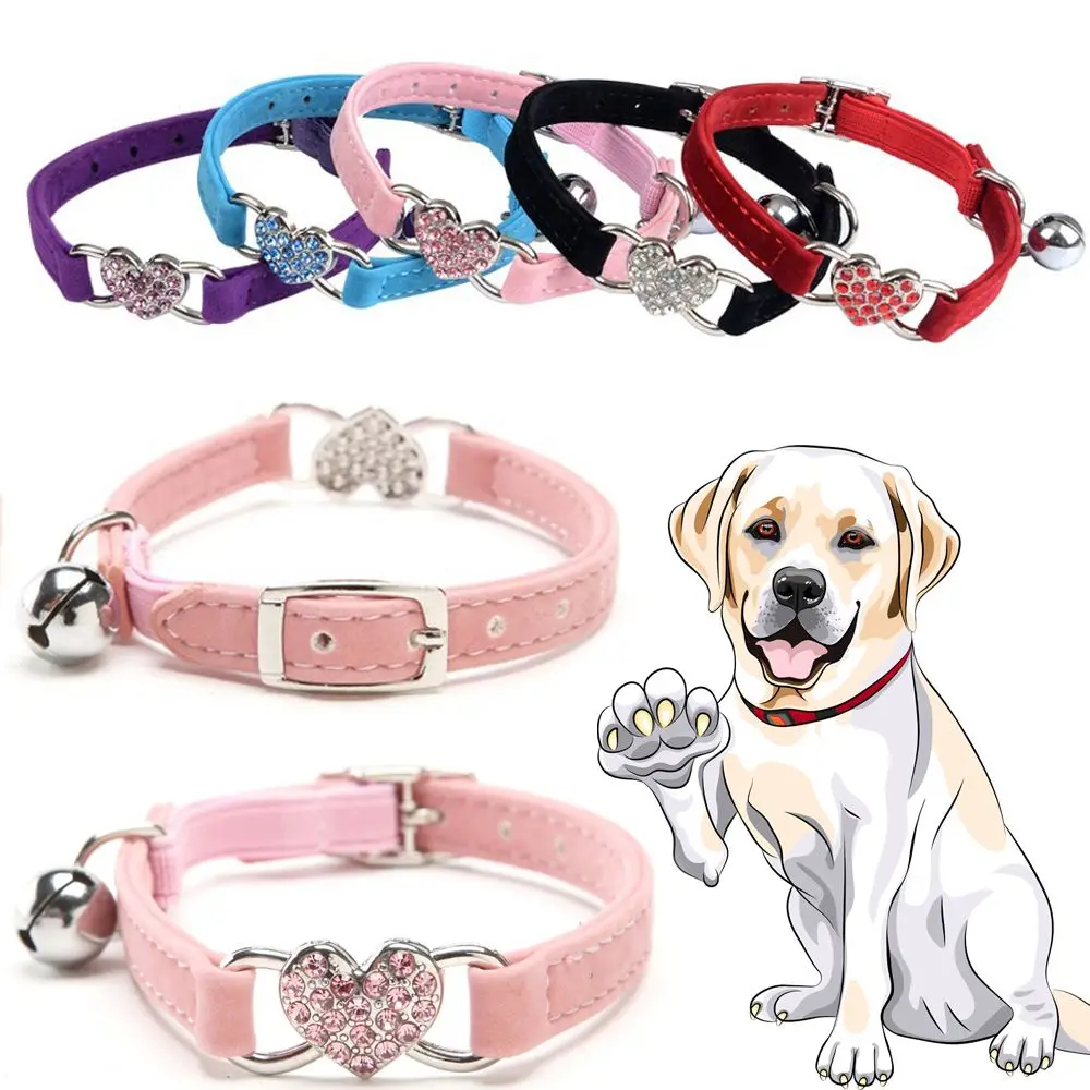 

Lovely Crystal Puppy Cat Kitty Dog Collar Bell Heart Shape Velvet Pet Necklacce