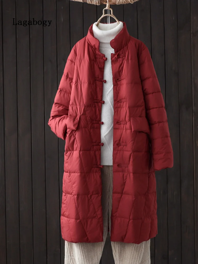 2022 New Winter Women Stand Collar 90% White Duck Down Coat Single Breasted Warm Snow Outwear Long Retro Puffer Jacket