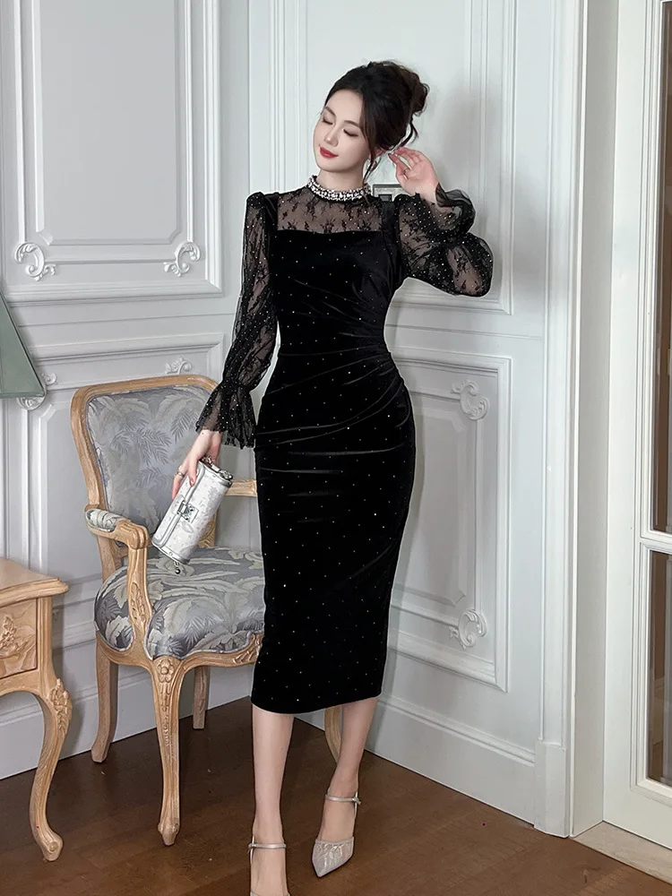 Платье для ежегодного собрания осенне-зимнее новое бархатное платье с кружевным