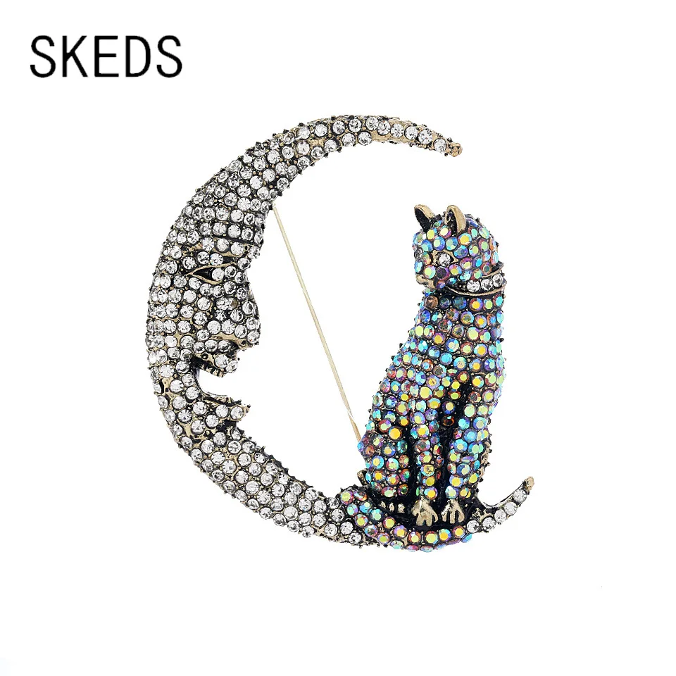 

SKEDS Exquisite Luxury Full Rhinestone Moon Cat Brooches Pins For Women Girls Fashion Shiny Boutique Decoration Suit Badges Pin
