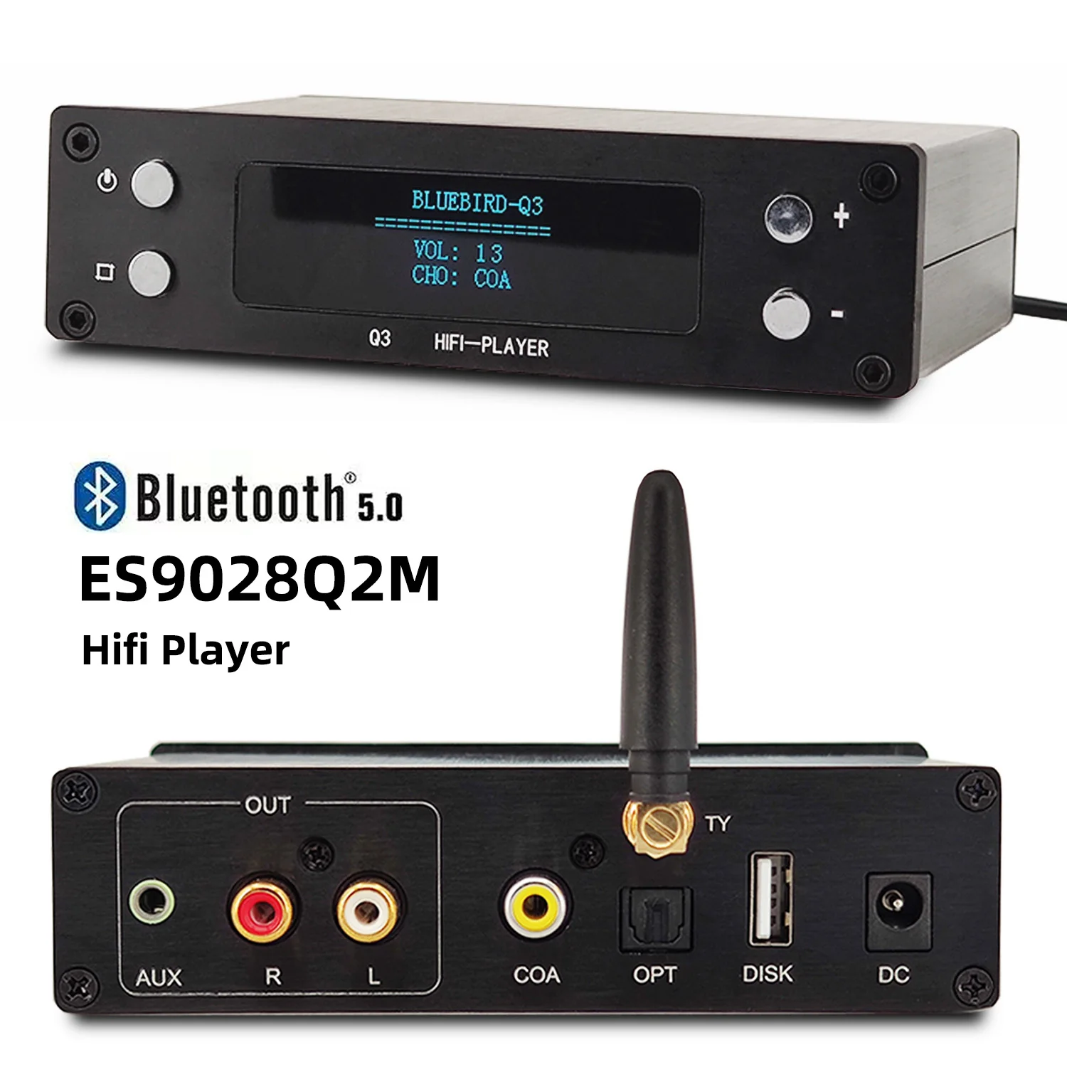 Q3 Bluetooth 5.0 HIFI Lossless U Disk Music Player ES9028 Decoding 24Bit 192k USB DAC Supports APP Coaxial COA OPT Fiber Input