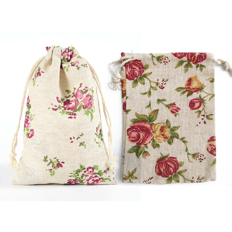 10x14cm Printing Cotton Linen Jewelry Drawstring Bag Burlap Gift Pouch Jute Storage Christmas Party Favors Candy Packing - купить по
