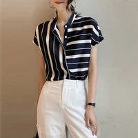 summer women fashion commuter asymmetrical striped blouse loose polo neck single breasted short sleeve chiffon casual shirts