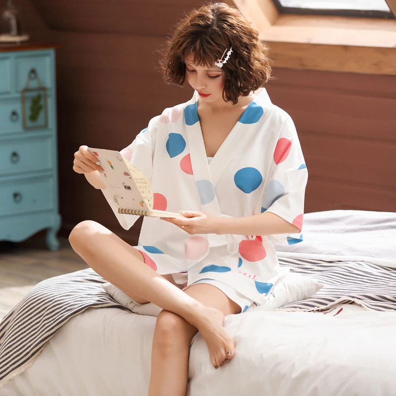 Летняя пижама из 100% хлопка Женский пижамный комплект кардиган с коротким рукавом