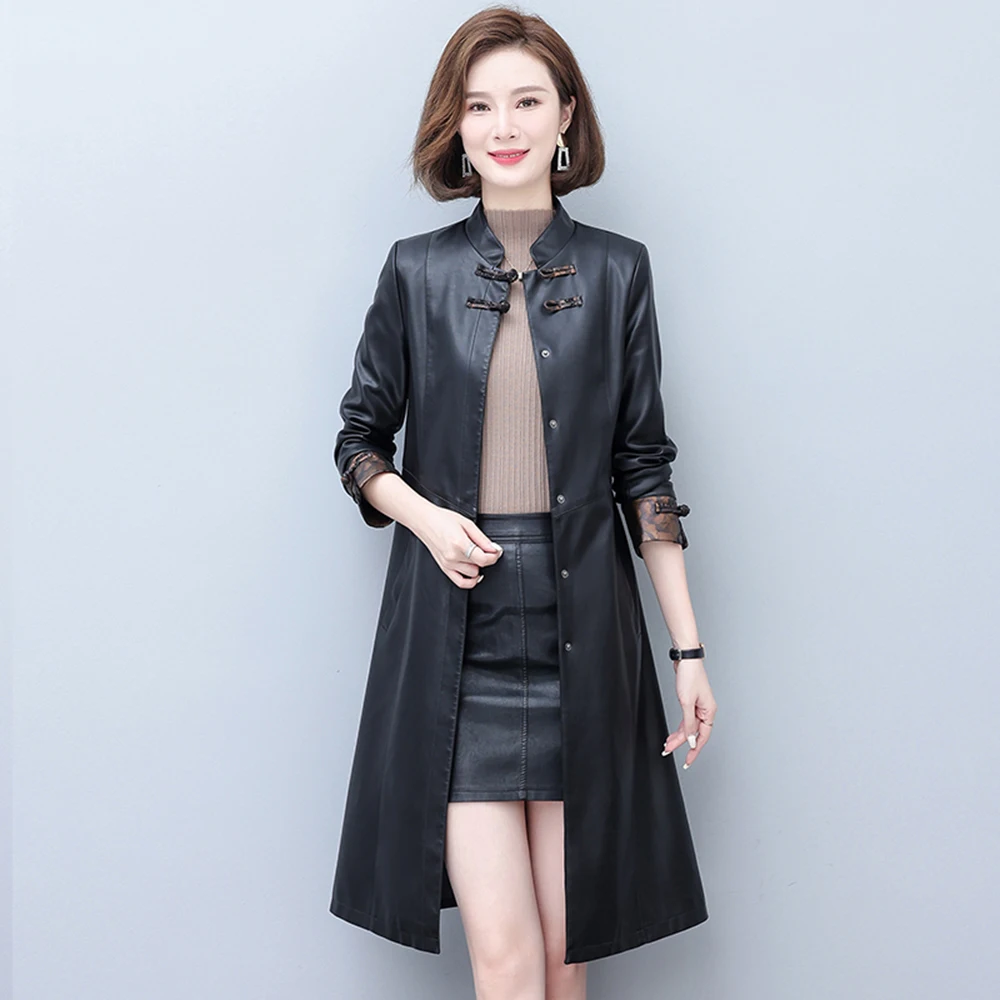 New Women Leather Trench Coat Spring Autumn Casual Fashion Stand Collar Slim Outerwear Split Leather Long Tops Coat Winter