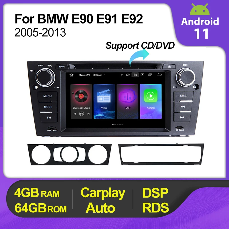 Android 11 4+64G 1Din Автомобильный DVD Радио Стерео для BMW 3 серии E90 E91 E92 E93 Мультимедийный видеоплеер Навигация GPS Carplay WIFI.