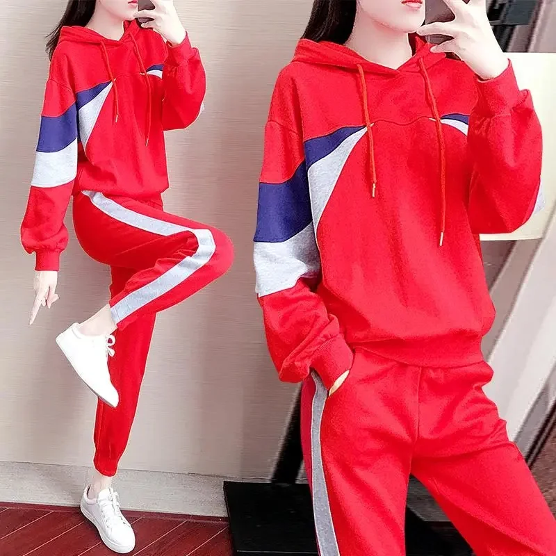 

Спортивный костюм для женщин, осень 2022, трендовый свитер с капюшоном и длинными рукавами, широкие брюки, спортивный костюм из двух предметов, одежда для бега и фитнеса