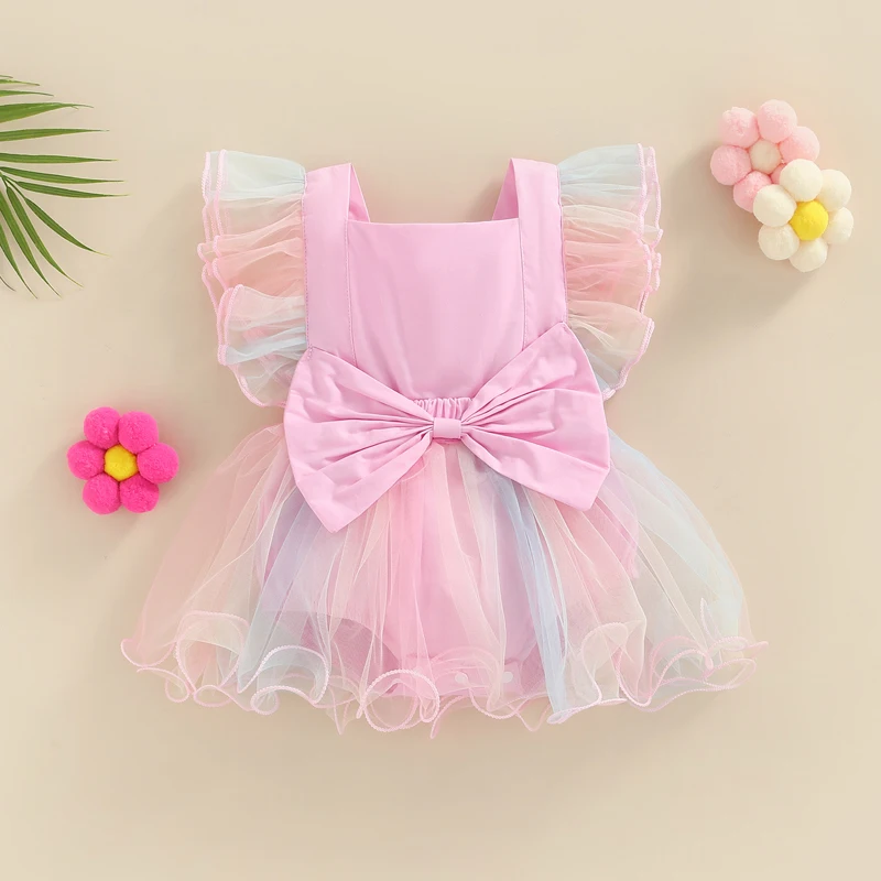

0-24M Baby Girls Princess Romper Dress Tie Dye Printed Lace Fly Sleeve Mesh Tutu Dress With Bowknot Summer Clothing