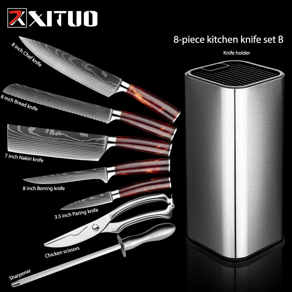 XITUO Chef Knife Set Kitchen Knives Laser Damascus Pattern Sharp Japanese Santoku Cleaver Slicing Utility Knife Holder Scissors