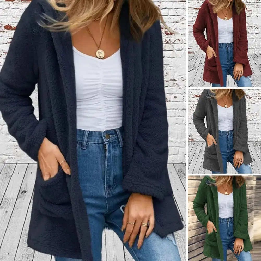 

Женский свитер уютный стильный Теплый однотонный с карманами мягкая текстурная флисовая куртка с капюшоном для женщин Свитшот короткие куртки
