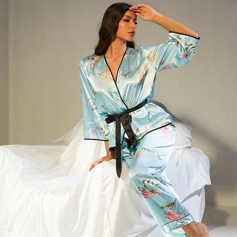 Loose Satin Sleepwear For Women Pajamas Set Vintage Blue Flower Print Silk V Neck Pajyma Female 2 Pcs Leisure Homewear Nightwear
