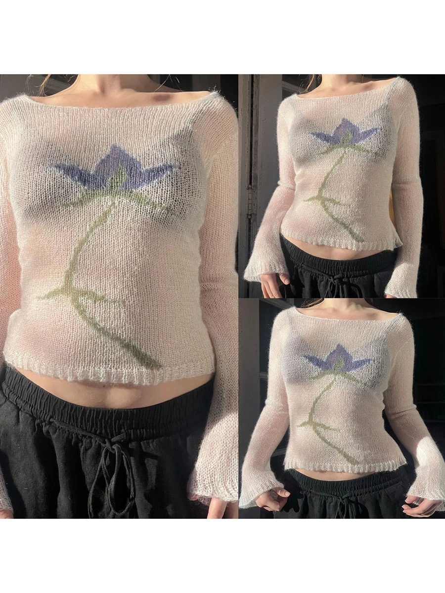 Женские трикотажные топы с цветочным принтом футболки длинным рукавом и вырезом