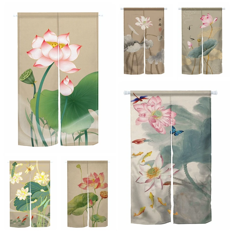 

Noren Japanese Doorway Curtain Chinese Lotus Pond Door Curtains Room Divider Kitchen Bedroom Partition Feng Shui Curtain Linen