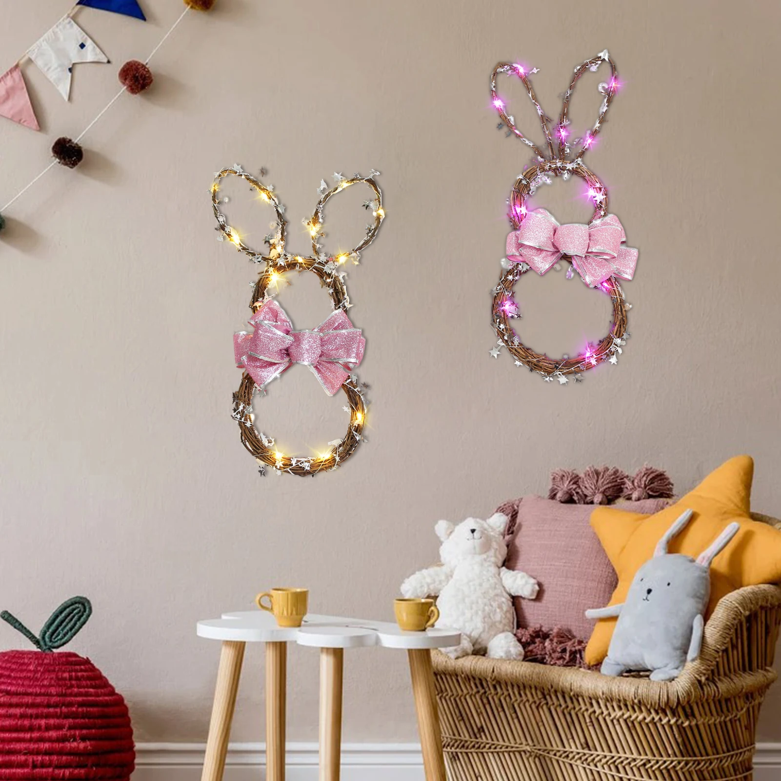 

Festival Hanging Decorations Wall Ornaments Rattan Circle Easter Bunny Wreath Garland Rabbit Ears Decorating Easter LED Lights