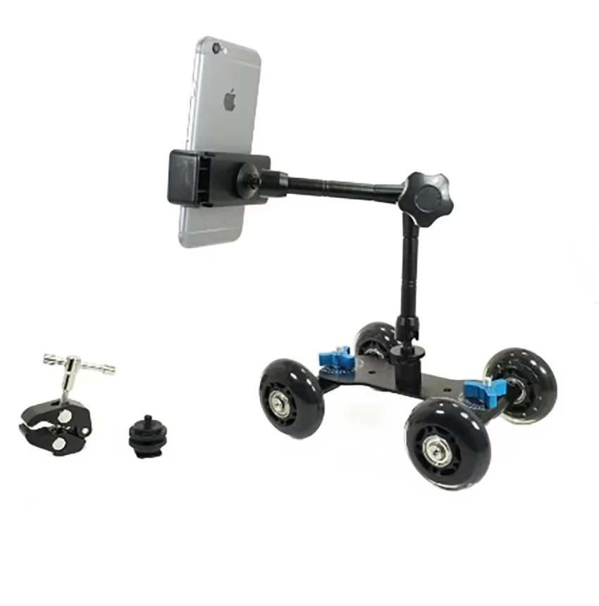 Фото 4-колесный настольный мобильный Rolling Slider Dolly Car с комплектом крепления для смартфона, резьбой 1/4 и 3/8 и держателем для телефона №4